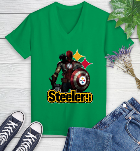 NFL Captain America Thor Spider Man Hawkeye Avengers Endgame Football Pittsburgh Steelers Women's V-Neck T-Shirt 5