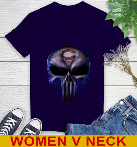 Chicago Bears NFL Football Punisher Skull Sports Women's V-Neck T-Shirt 3