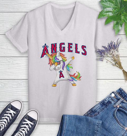 Los Angeles Angels MLB Baseball Funny Unicorn Dabbing Sports Women's V-Neck T-Shirt