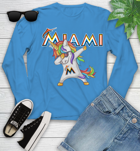 Miami Marlins MLB Baseball Funny Unicorn Dabbing Sports Youth Long Sleeve 7