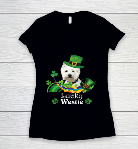 Lucky Westie Dog Leprechaun Shamrock St Patrick Day Happy Women's V-Neck T-Shirt