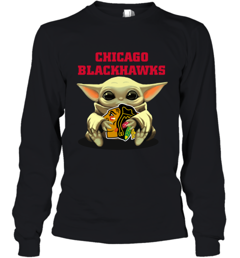 Baby Yoda Hugs The Chicago Blackhawks Ice Hockey Youth Long Sleeve