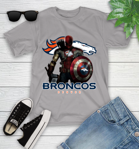 NFL Captain America Thor Spider Man Hawkeye Avengers Endgame Football Denver Broncos Youth T-Shirt 4