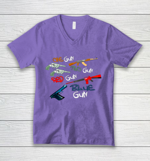 One Gun Two Gun Red Gun Blue Gun Funny V-Neck T-Shirt 8
