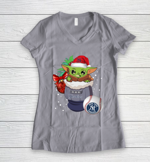 New York Yankees Christmas Baby Yoda Star Wars Funny Happy MLB Women's V-Neck T-Shirt 4