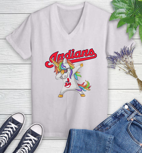 Cleveland Indians MLB Baseball Funny Unicorn Dabbing Sports Women's V-Neck T-Shirt