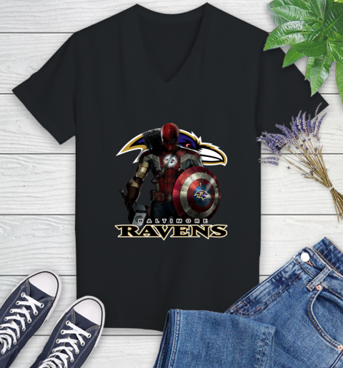 NFL Captain America Thor Spider Man Hawkeye Avengers Endgame Football Baltimore Ravens Women's V-Neck T-Shirt 2