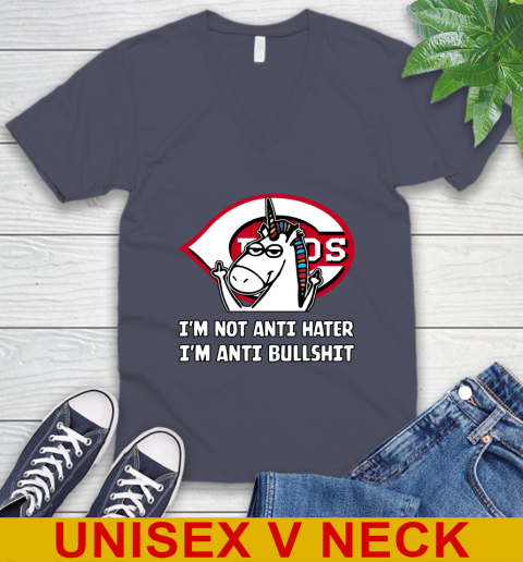 Cincinnati Reds MLB Baseball Unicorn I'm Not Anti Hater I'm Anti Bullshit V-Neck T-Shirt 8