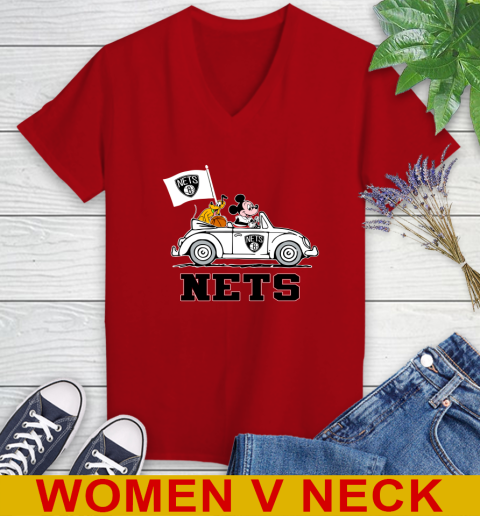 NBA Basketball Brooklyn Nets Pluto Mickey Driving Disney Shirt Women's V-Neck T-Shirt 12