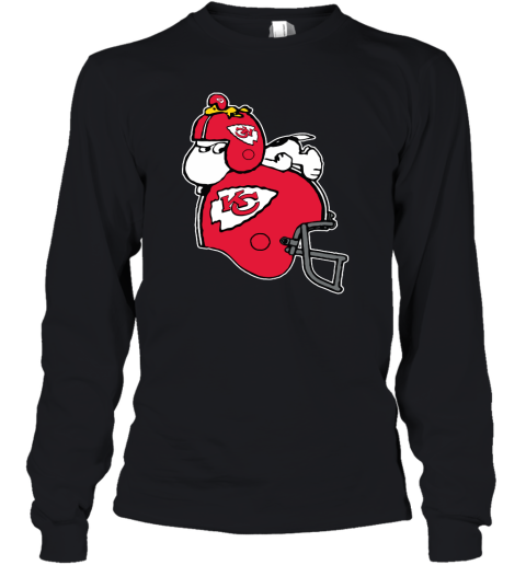 Snoopy And Woodstock Resting On Kansas City Chiefs Helmet Youth Long Sleeve