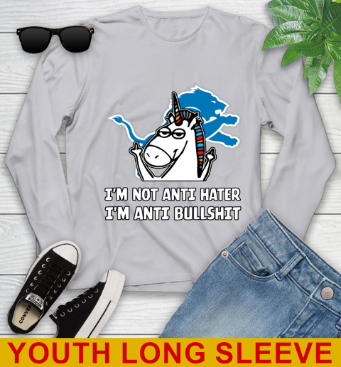 Detroit Lions NFL Football Unicorn I'm Not Anti Hater I'm Anti Bullshit Youth Long Sleeve 6