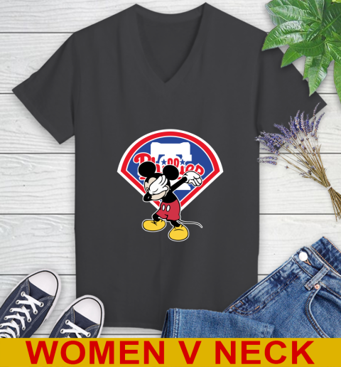 Philadelphia Phillies MLB Baseball Dabbing Mickey Disney Sports Women's V-Neck T-Shirt 9