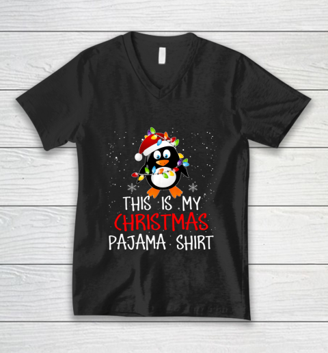 This Is My Christmas Pajama Shirt Penguins Santa Gift V-Neck T-Shirt