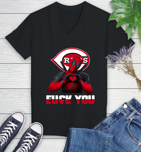 MLB Cincinnati Reds Deadpool Love You Fuck You Baseball Sports Women's V-Neck T-Shirt