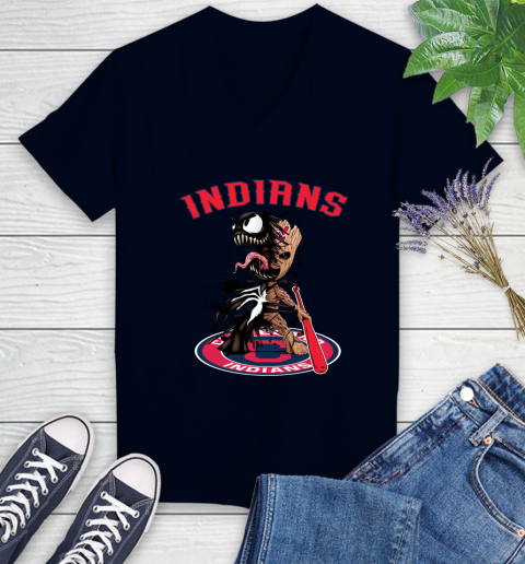 MLB Cleveland Indians Baseball Venom Groot Guardians Of The Galaxy Women's V-Neck T-Shirt 3