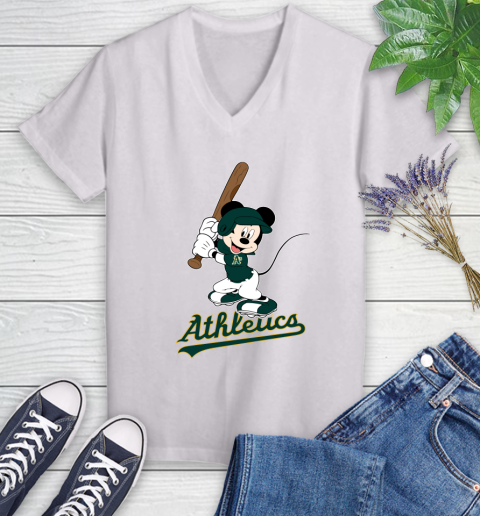 MLB Baseball Oakland Athletics Cheerful Mickey Mouse Shirt Women's V-Neck T-Shirt 2