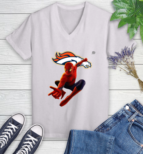 NFL Spider Man Avengers Endgame Football Denver Broncos Women's V-Neck T-Shirt