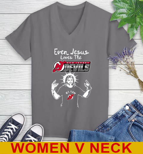 New Jersey Devils NHL Hockey Even Jesus Loves The Devils Shirt Women's V-Neck T-Shirt 11