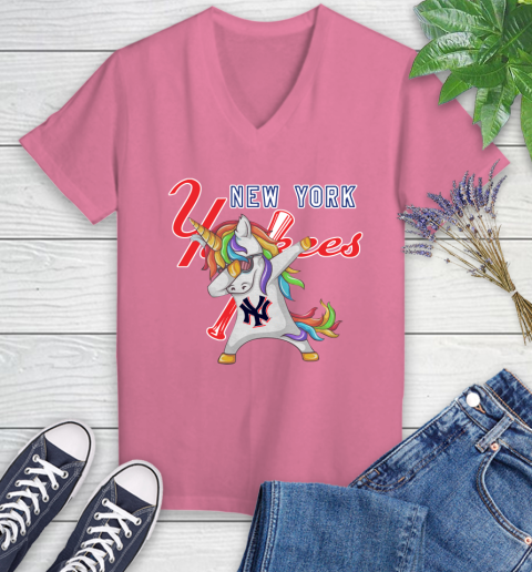 New York Yankees MLB Baseball Funny Unicorn Dabbing Sports Women's V-Neck T-Shirt 13