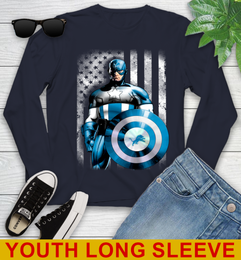 Detroit Lions NFL Football Captain America Marvel Avengers American Flag Shirt Youth Long Sleeve 2