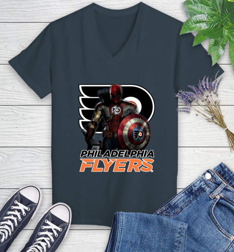 NHL Captain America Thor Spider Man Hawkeye Avengers Endgame Hockey Philadelphia Flyers Women's V-Neck T-Shirt 8