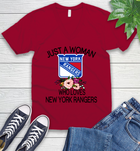 NHL Just A Woman Who Loves New York Rangers Hockey Sports V-Neck T-Shirt 5