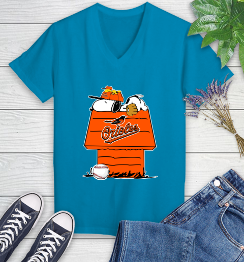 MLB Baltimore Orioles Snoopy Woodstock The Peanuts Movie Baseball T Shirt Women's V-Neck T-Shirt 7