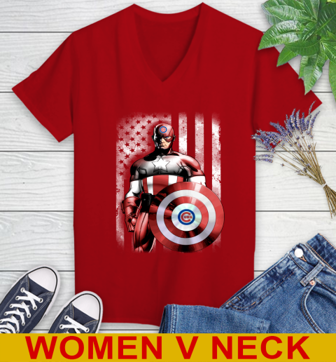 Chicago Cubs MLB Baseball Captain America Marvel Avengers American Flag Shirt Women's V-Neck T-Shirt 10