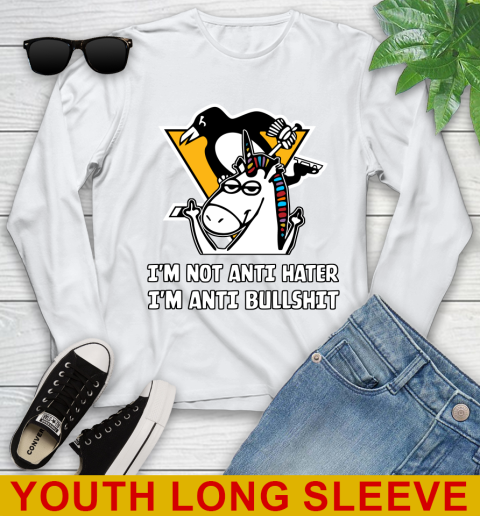 Pittsburgh Penguins NHL Hockey Unicorn I'm Not Anti Hater I'm Anti Bullshit Youth Long Sleeve
