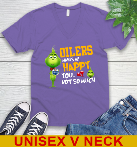 NHL Edmonton Oilers Makes Me Happy You Not So Much Grinch Hockey Sports V-Neck T-Shirt - Image 9