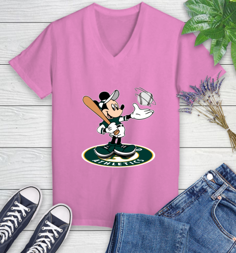 MLB Baseball Oakland Athletics Cheerful Mickey Disney Shirt Women's V-Neck T-Shirt 12