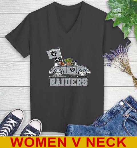 NFL Football Oakland Raiders Darth Vader Baby Yoda Driving Star Wars Shirt Women's V-Neck T-Shirt 9