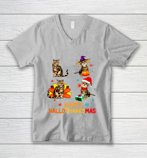 Cat Halloween Thanksgiving Christmas Happy Hallothanksmas V-Neck T-Shirt 3