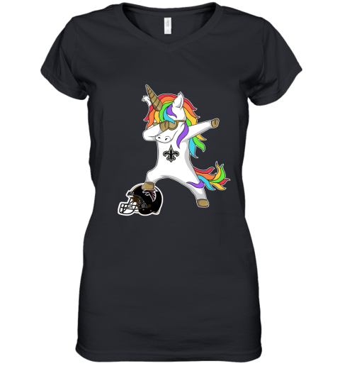 lgtt football dabbing unicorn steps on helmet new orleans saints women v neck t shirt 39 front black