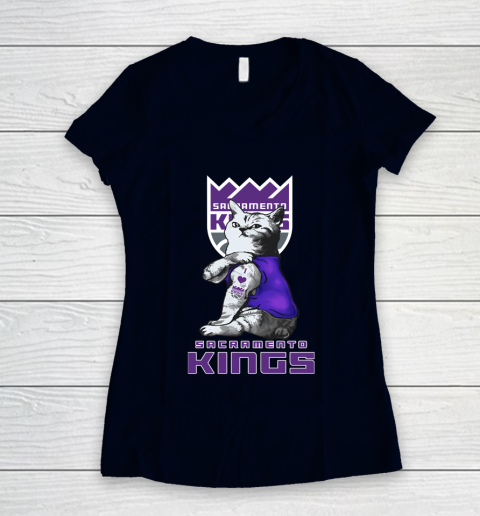 NBA Basketball My Cat Loves Sacramento Kings Women's V-Neck T-Shirt 2