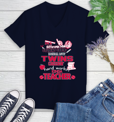 Minnesota Twins MLB I'm A Difference Making Student Caring Baseball Loving Kinda Teacher Women's V-Neck T-Shirt 2