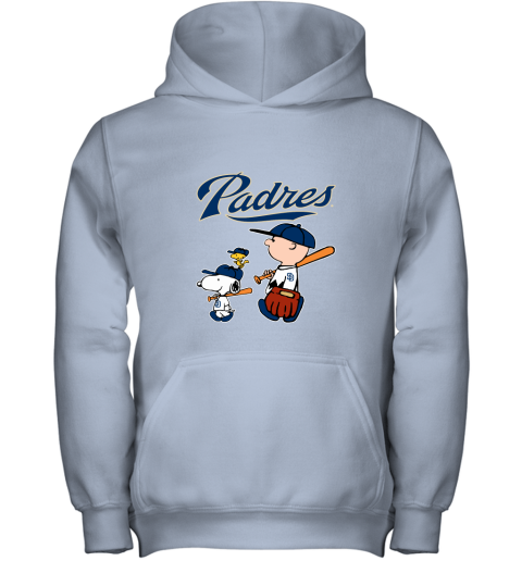 i50l san diego padres lets play baseball together snoopy mlb shirt youth hoodie 43 front light pink