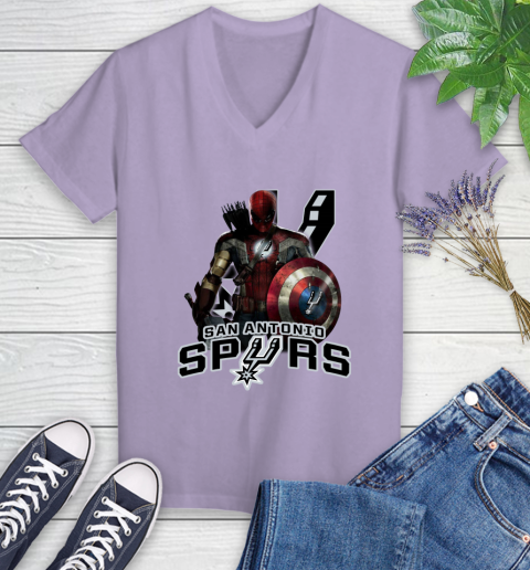 San Antonio Spurs NBA Basketball Captain America Thor Spider Man Hawkeye Avengers Women's V-Neck T-Shirt 14