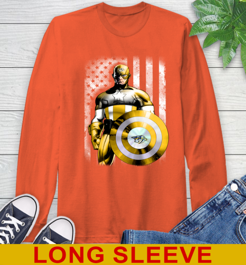 Nashville Predators NHL Hockey Captain America Marvel Avengers American Flag Shirt Long Sleeve T-Shirt 4