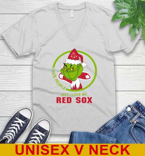 Boston Red Sox MLB Christmas Grinch I Hate People But I Love My Favorite Baseball Team V-Neck T-Shirt