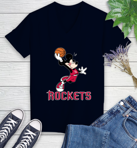 NBA Basketball Houston Rockets Cheerful Mickey Mouse Shirt Women's V-Neck T-Shirt 3