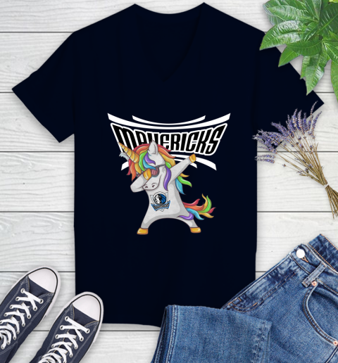 Dallas Mavericks NBA Basketball Funny Unicorn Dabbing Sports Women's V-Neck T-Shirt 3