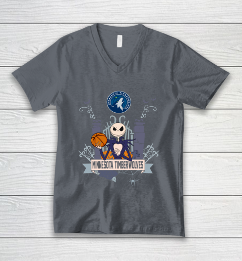 NBA Minnesota Timberwolves Basketball Jack Skellington Halloween V-Neck T-Shirt 4
