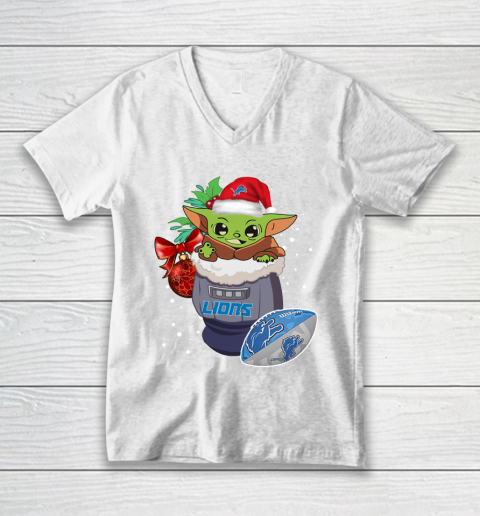 Detroit Lions Christmas Baby Yoda Star Wars Funny Happy NFL V-Neck T-Shirt 2