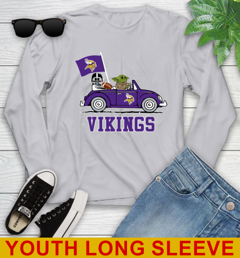NFL Football Minnesota Vikings Darth Vader Baby Yoda Driving Star Wars Shirt Youth Long Sleeve 6