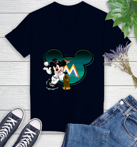 MLB Miami Marlins The Commissioner's Trophy Mickey Mouse Disney Women's V-Neck T-Shirt 3