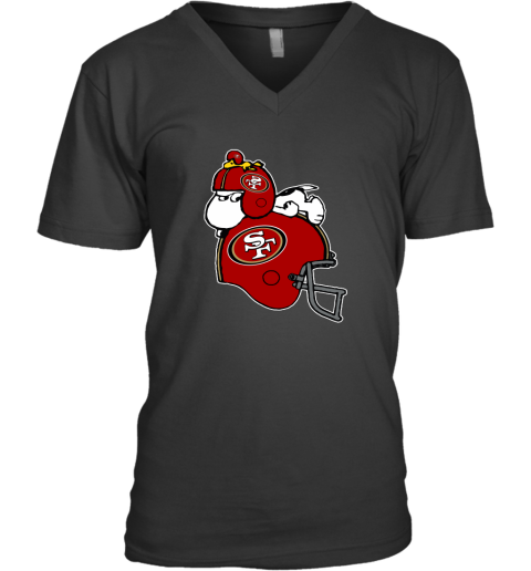 Snoopy And Woodstock Resting On San Francisco 49ers Helmet V-Neck T-Shirt