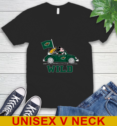 NHL Hockey Minnesota Wild Pluto Mickey Driving Disney Shirt V-Neck T-Shirt 2