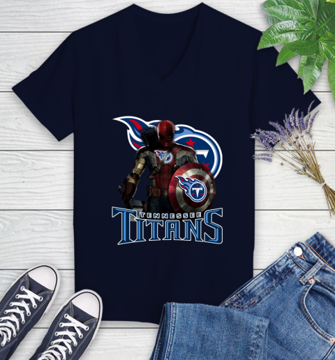 NFL Captain America Thor Spider Man Hawkeye Avengers Endgame Football Tennessee Titans Women's V-Neck T-Shirt 3