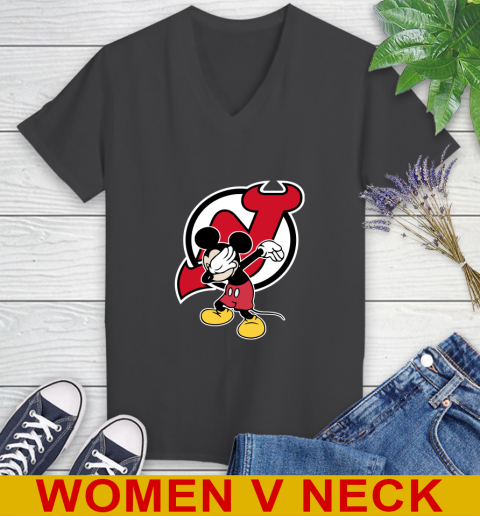 New Jersey Devils NHL Hockey Dabbing Mickey Disney Sports Women's V-Neck T-Shirt 9